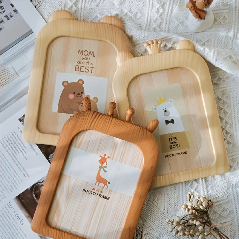 1Pc Cartoon Instagram Style Plastic Photo Frame, Desktop Ornament Can Be Hung on the Wall, Imitation Wood Grain Photo Frame
