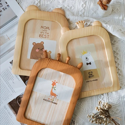 1Pc Cartoon Instagram Style Plastic Photo Frame, Desktop Ornament Can Be Hung on the Wall, Imitation Wood Grain Photo Frame