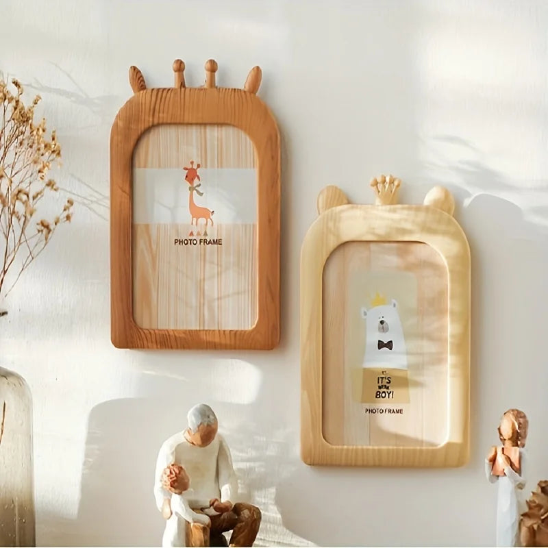 1Pc Cartoon Instagram Style Plastic Photo Frame, Desktop Ornament Can Be Hung on the Wall, Imitation Wood Grain Photo Frame